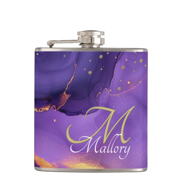 Gold and Purple Agate 💜✨Elegant Script Monogram  Flask (Front)