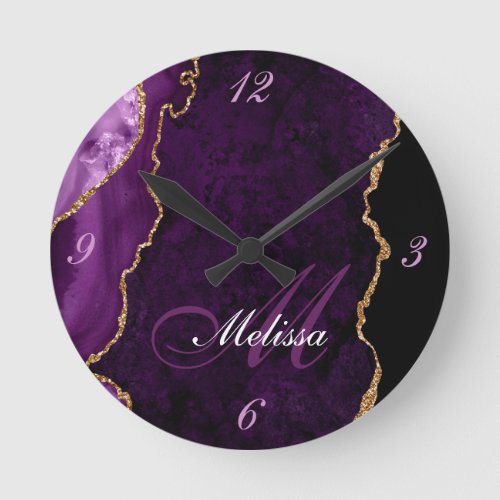 gold and purple agate monogram trendy round clock