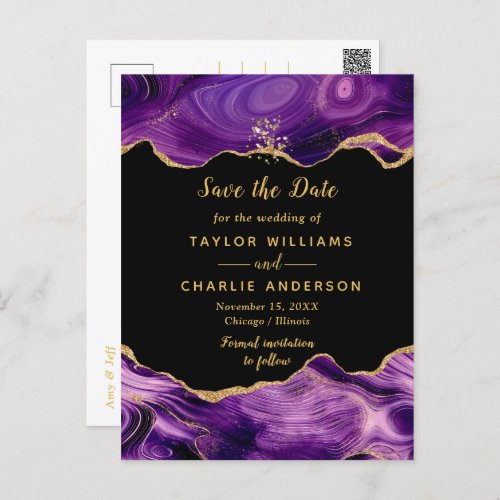 Gold and Purple Agate Wedding Save The Date Postcard