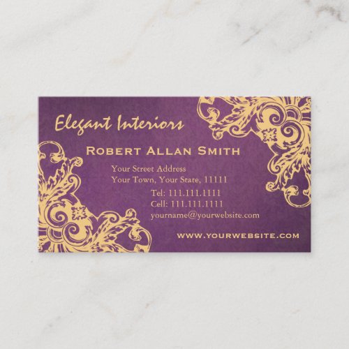 Gold and Purple Baroque Renaissance Damask Grunge Business Card