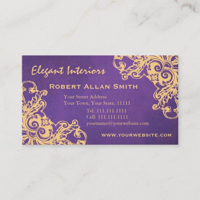 Gold and Purple Baroque Renaissance Grunge Elegant Business Card (Front)