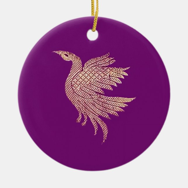 Gold and purple bird christmas tree ceramic ornament (Front)