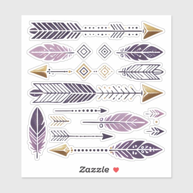 Gold and Purple Boho Arrows and Feathers Scrapbook Sticker (Sheet)