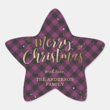 Gold and Purple Buffalo Plaid Merry Christmas Star Sticker