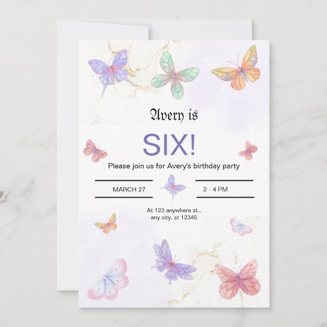 Gold and Purple Butterfly Birthday Invitation Card (Front)