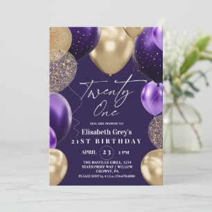 Gold and Purple Chic Balloons 21st Birthday  Invitation