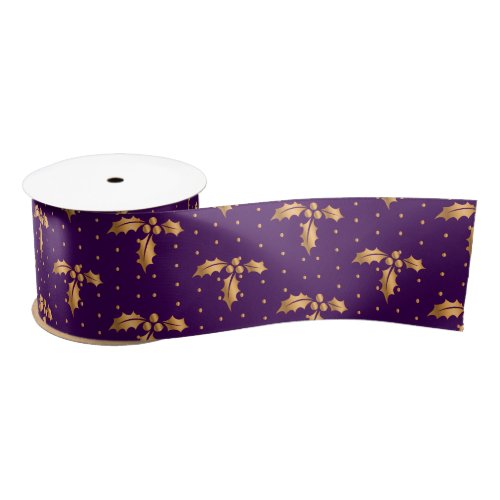 Gold and Purple Christmas Holly Satin Ribbon