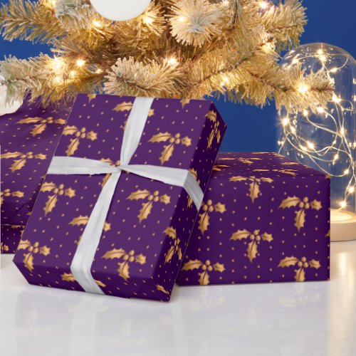 Gold and Purple Christmas Holly Wrapping Paper
