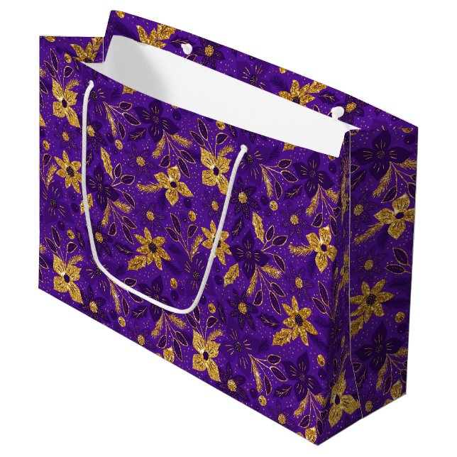 Gold and Purple Christmas Poinsettia Flowers Large Gift Bag (Front Angled)
