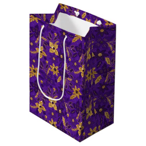 Gold and Purple Christmas Poinsettia Flowers Medium Gift Bag