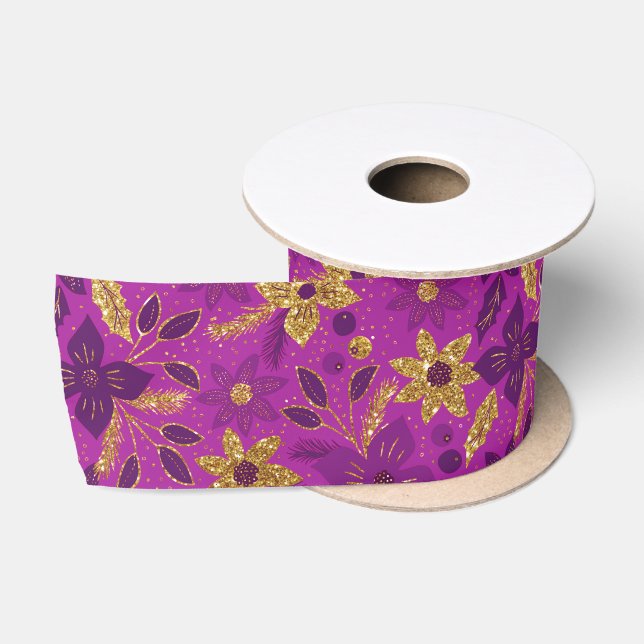 Gold and Purple Christmas Poinsettia Flowers Satin Ribbon (Spool)