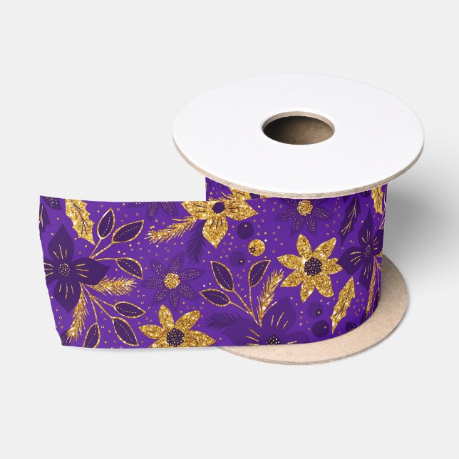 Gold and Purple Christmas Poinsettia Flowers Satin Ribbon (Spool)