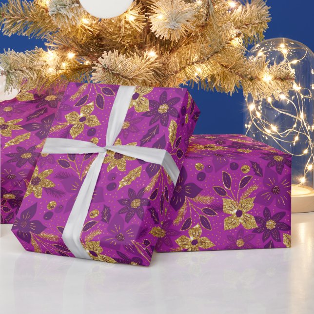 Gold and Purple Christmas Poinsettia Flowers Wrapping Paper (Holidays)