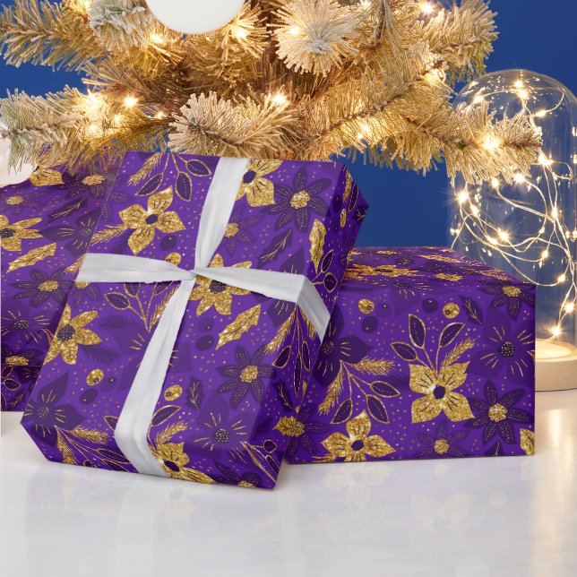 Gold and Purple Christmas Poinsettia Flowers Wrapping Paper (Holidays)