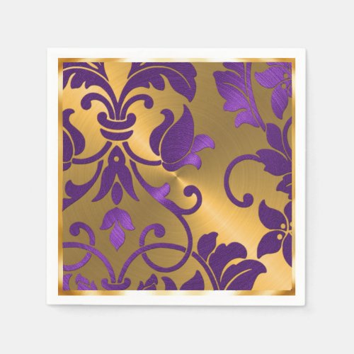 Gold and Purple Damask Paper Napkins