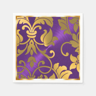 Gold and Purple Damask Paper Napkins
