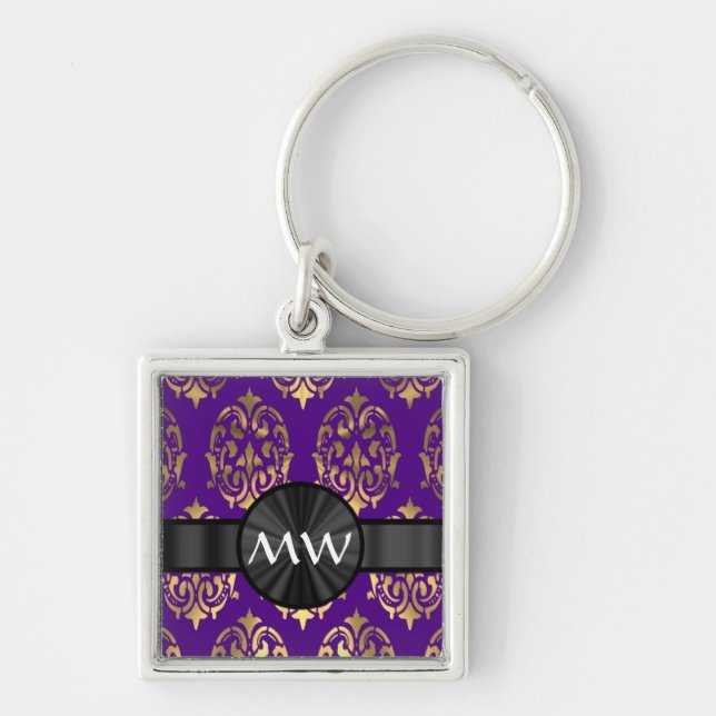 Gold and purple damask pattern keychain (Front)