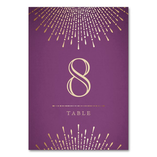 Gold and purple deco vintage wedding table card (Front)