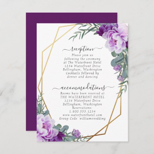 Gold and Purple Elegant Floral Wedding Details Enclosure Card