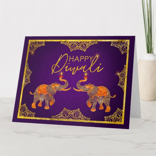 Gold and purple Elephants Happy Diwali Card