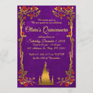 Gold and Purple Fairytale Quinceanera Invitation