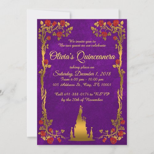 Gold and Purple Fairytale Quinceanera Invitation