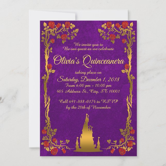 Gold and Purple Fairytale Quinceanera Invitation (Front)
