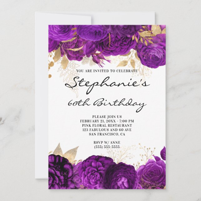 Gold and Purple Floral Borders 60th Birthday Invitation (Front)