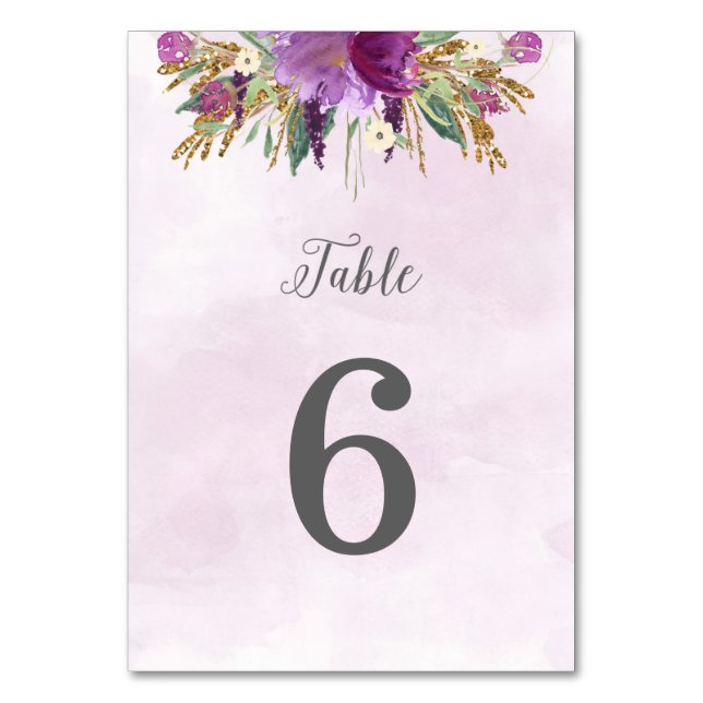 Gold and Purple Flowers Wedding Table Number Card (Back)