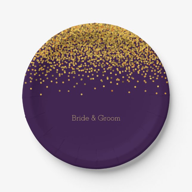 Gold and Purple Glam Confetti Dots Paper Plates (Front)