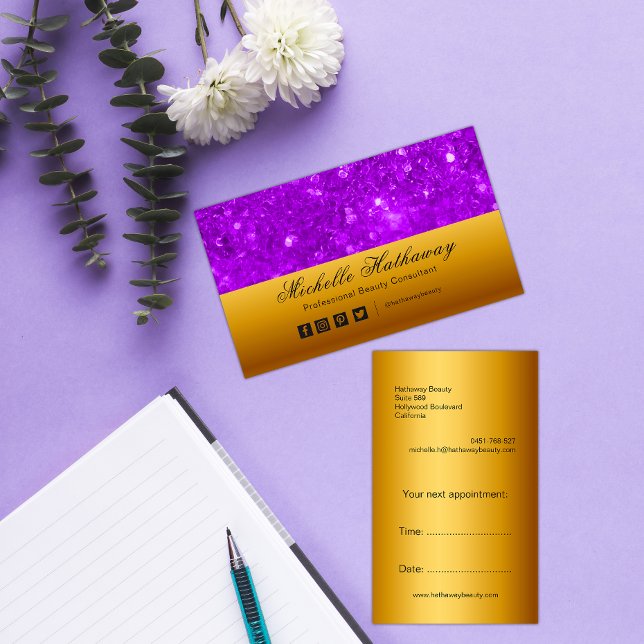 Gold and Purple Glitter Beauty  Business Card (Creator Uploaded)