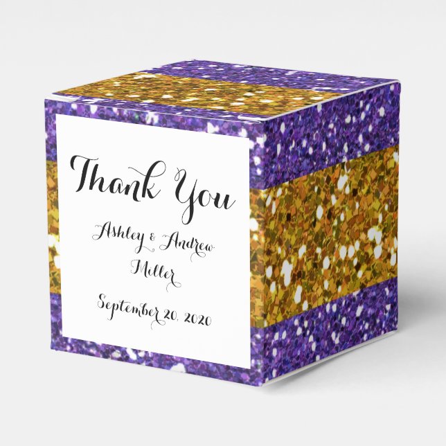 Gold and Purple Glitter Stripes Printed Favor Boxes (Front Side)