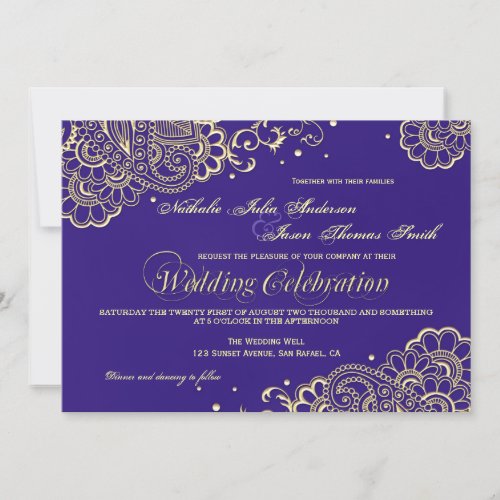 Gold and Purple Henna Lace Wedding Invitation