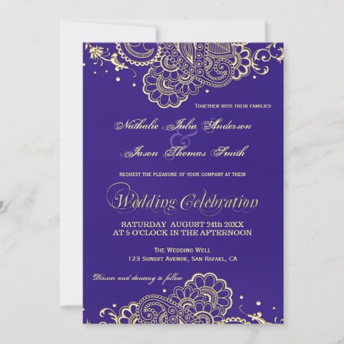 Gold and Purple Henna Lace Wedding Invitation