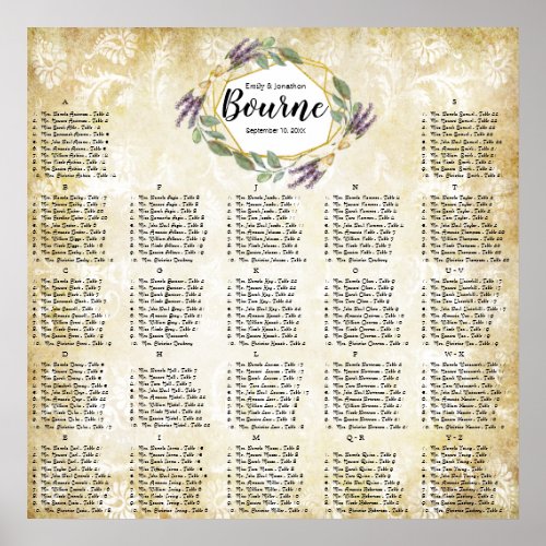 Gold and Purple Lavender Wedding Seating Chart