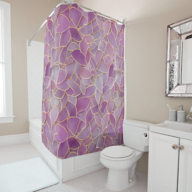 Gold and Purple Leafy Pattern  Shower Curtain (In Situ)