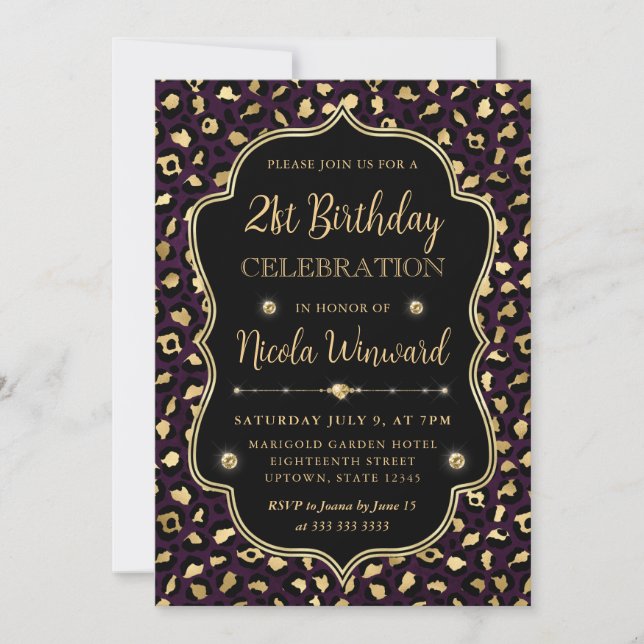 Gold and Purple Leopard Print Birthday Party Invitation (Front)