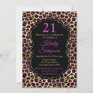 Gold and Purple Leopard Print Birthday Party Invitation
