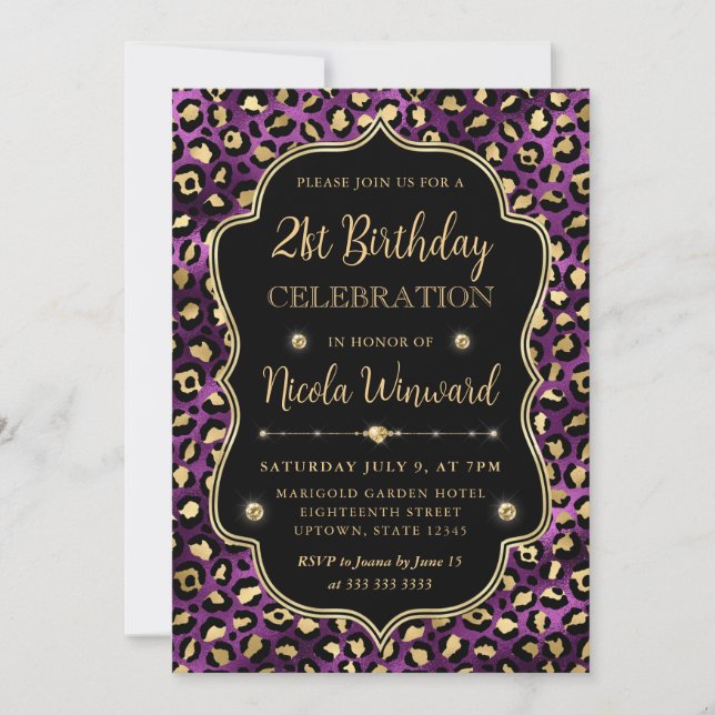 Gold and Purple Leopard Print Birthday Party Invitation (Front)