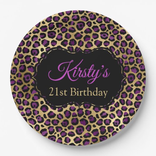 Gold and Purple Leopard Print Birthday Party Paper Plates