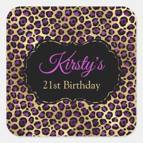 Gold and Purple Leopard Print Birthday Party Square Sticker