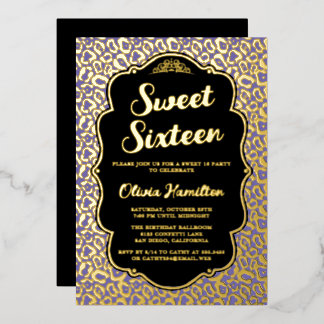 Gold and Purple Leopard Print Sweet 16 Foil Invitation