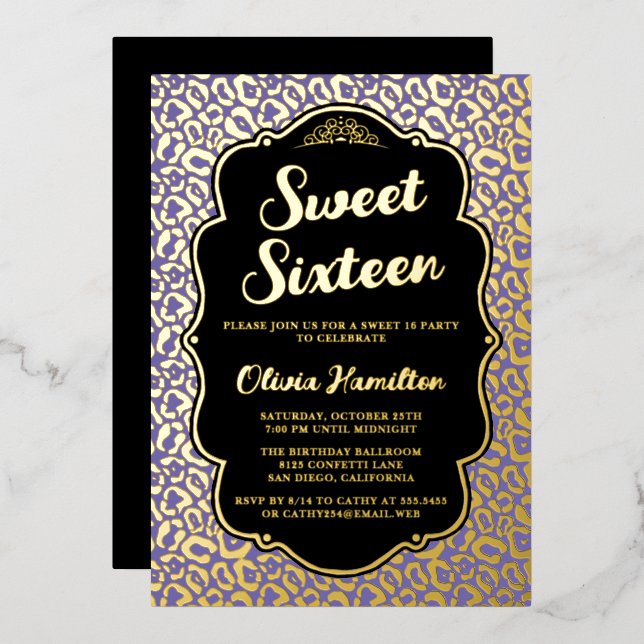 Gold and Purple Leopard Print Sweet 16 Foil Invitation (Front/Back)