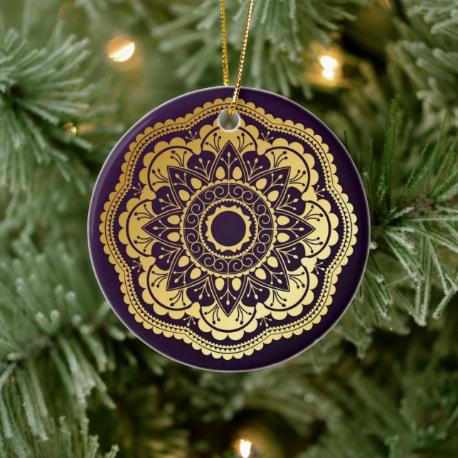 Gold and Purple Mandala Ceramic Ornament (Tree)