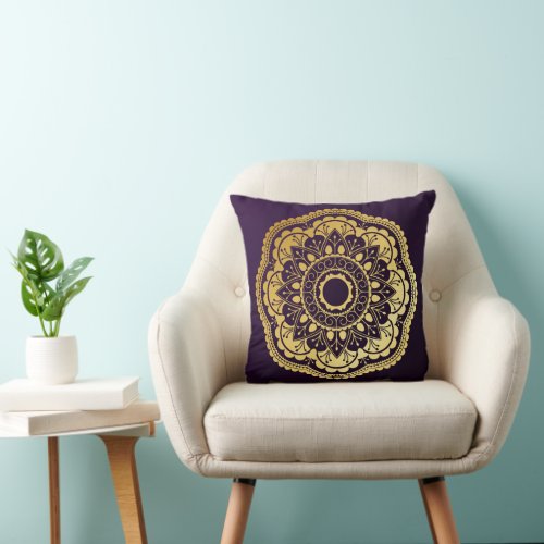 Gold and Purple Mandala Throw Pillow
