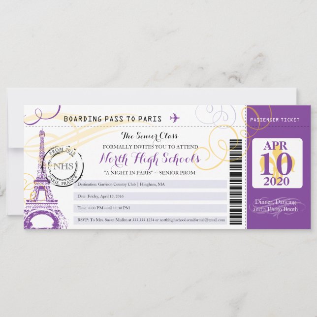 Gold and Purple Night in Paris School Prom Invitation (Front)