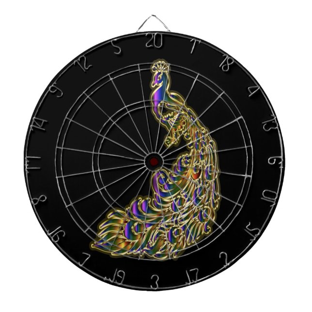 Gold and purple peacock glimmering brightly dartboard with darts (Front)