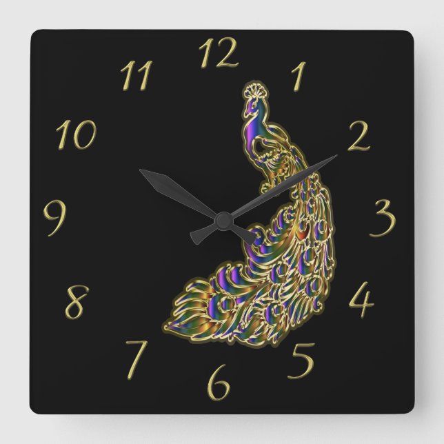 Gold and purple peacock glimmering brightly square wall clock (Front)