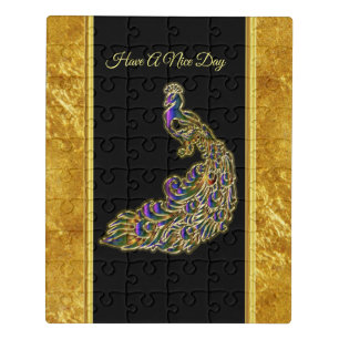 Gold and purple peacock gold foil with black jigsaw puzzle