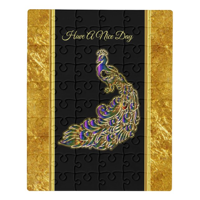 Gold and purple peacock gold foil with black jigsaw puzzle (Puzzle Vertical)
